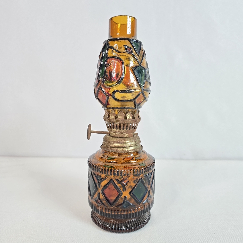 Minature Oil Lamp Made In Hong Kong 8" Tall Amber Stained Glass
